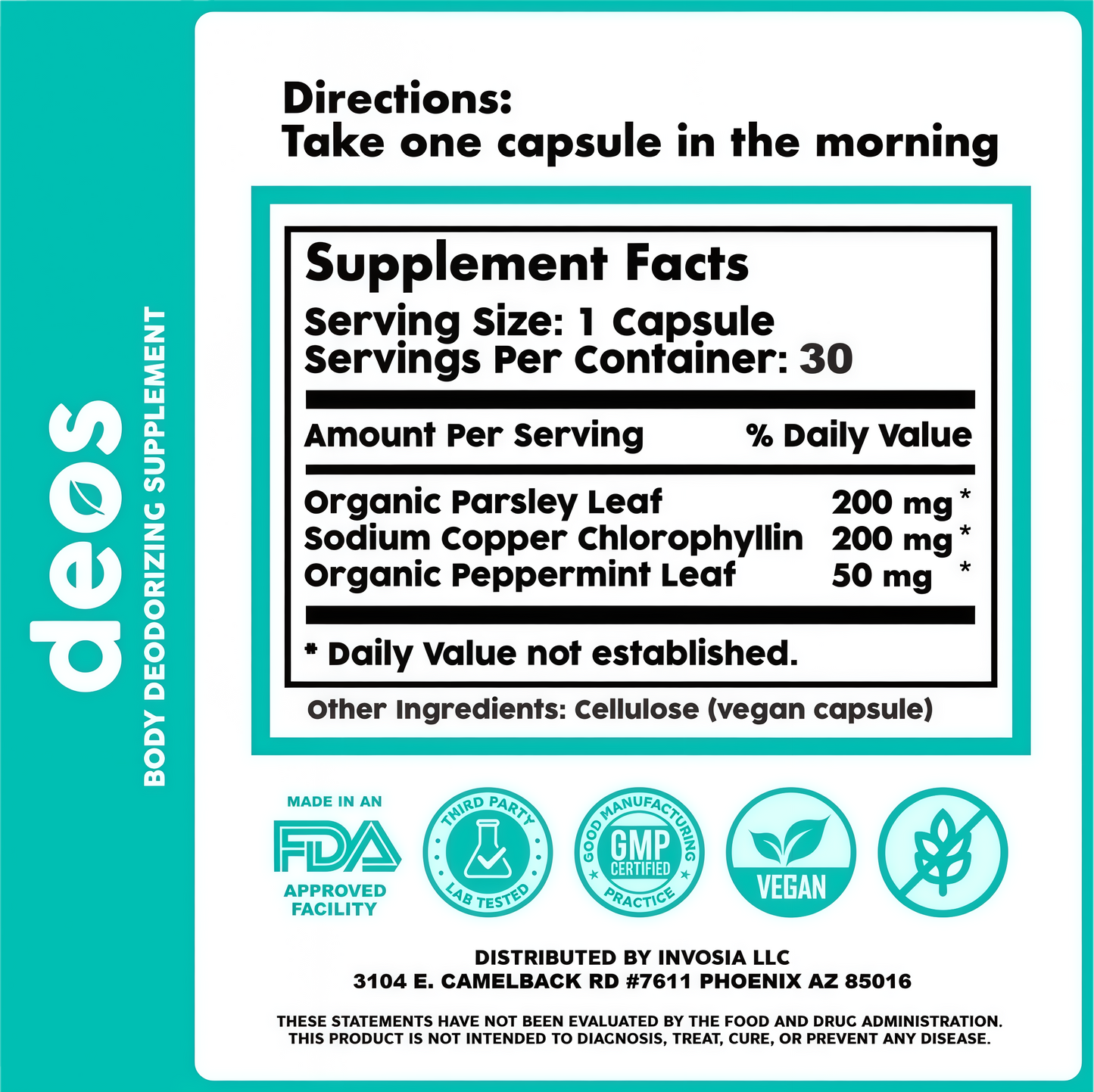 DEOS Internal Deodorant Supplement – Full Body Deodorizer for Gut Health, Skin Health, Detox & Digestion Support – Natural Odor Control Chlorophyll Pills | 30 Capsules