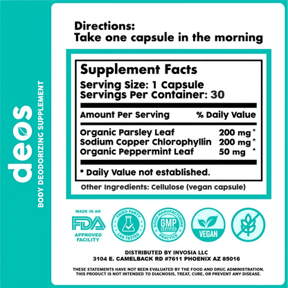 DEOS Internal Deodorant Supplement – Full Body Deodorizer for Gut Health, Skin Health, Detox & Digestion Support – Natural Odor Control Chlorophyll Pills | 30 Capsules